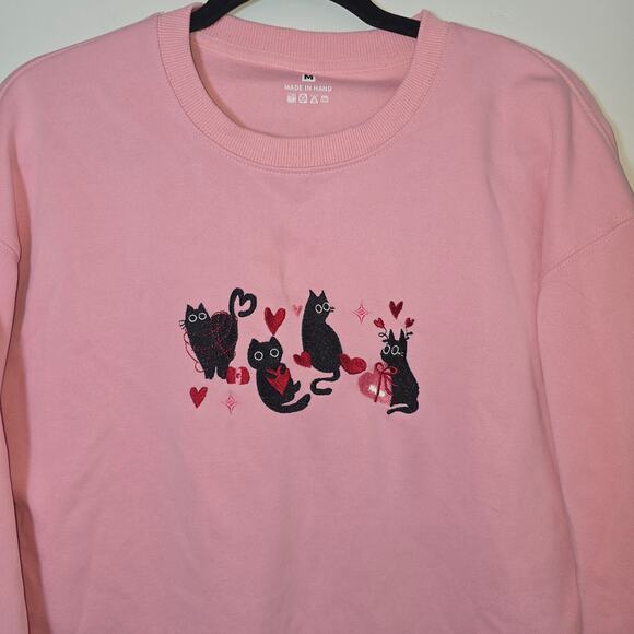 Cat Embroidered Crewneck Sweatshirt Size M Pink Hearts Black Kitten Valentines - Picture 2 of 8